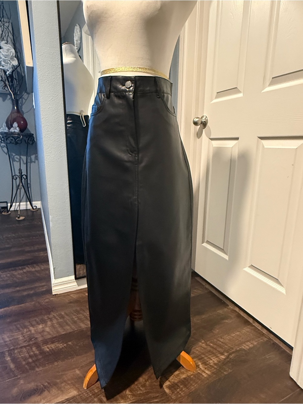 Elle Black Faux Leather Maxi Skirt with Front Slit